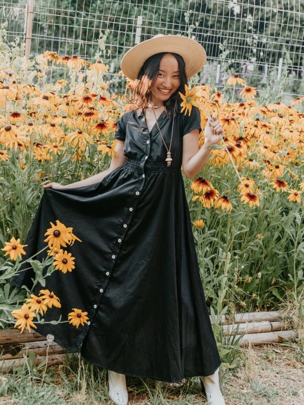 Damselfly Datura Dress - Organic Cotton Black Button-Front Maxi Dress